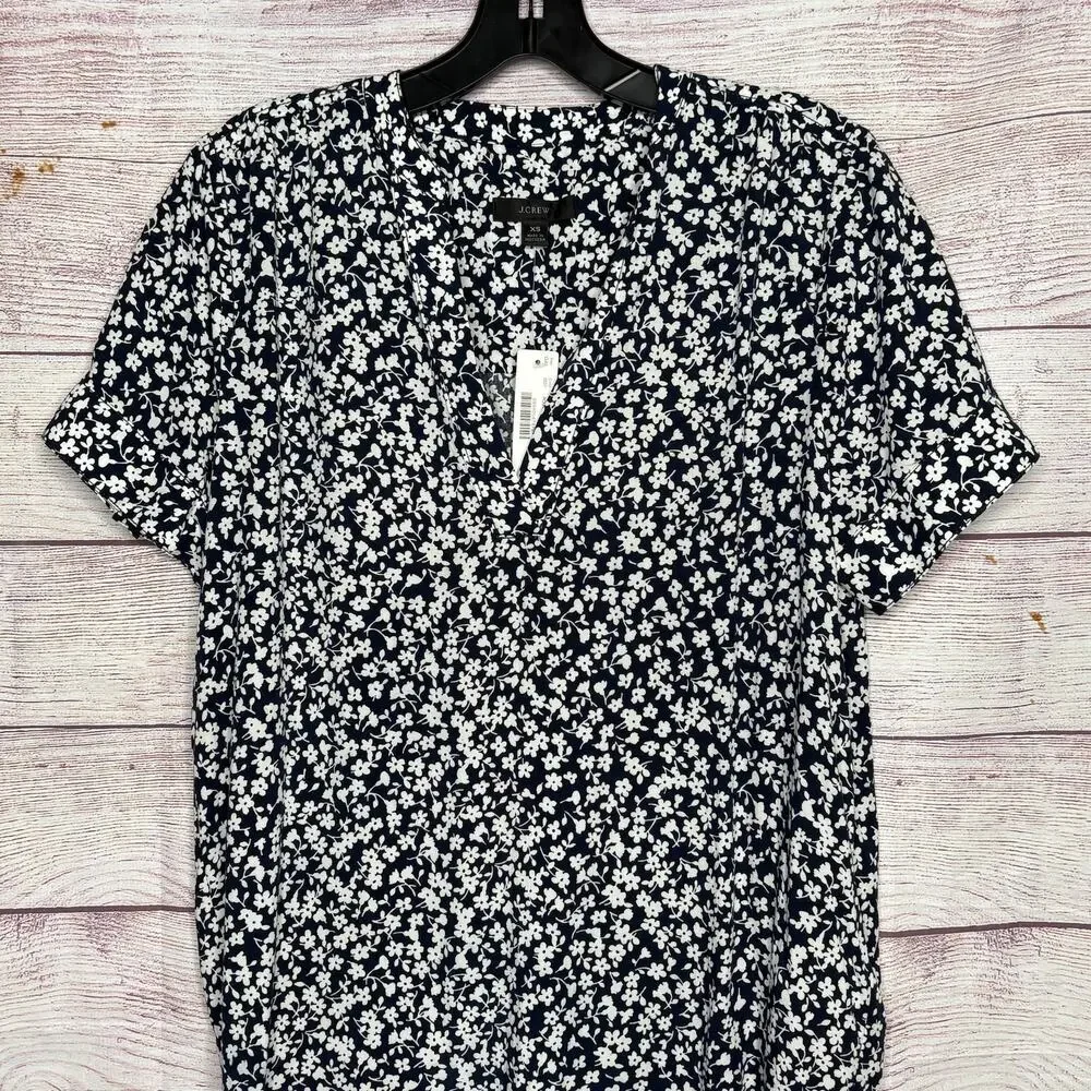 J. Crew Navy White Ditzy Floral Popover Cuff Short Sleeve Blouse Top Size XS New
